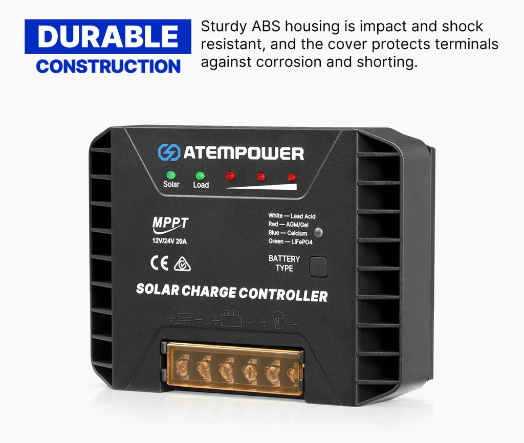 ATEM POWER 20A 12V/24V MPPT Solar Charge Controller Selecting Battery Type Activate Lithium Battery Intelligent Solar Controller Compatible with Lead Acid, AGM, Gel, Calcium and LiFePO4 Battery