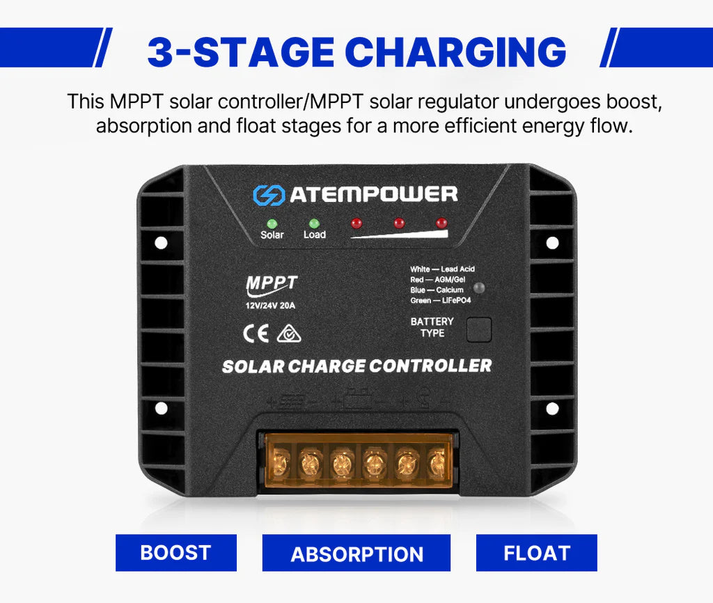 ATEM POWER 20A 12V/24V MPPT Solar Charge Controller Selecting Battery Type Activate Lithium Battery Intelligent Solar Controller Compatible with Lead Acid, AGM, Gel, Calcium and LiFePO4 Battery
