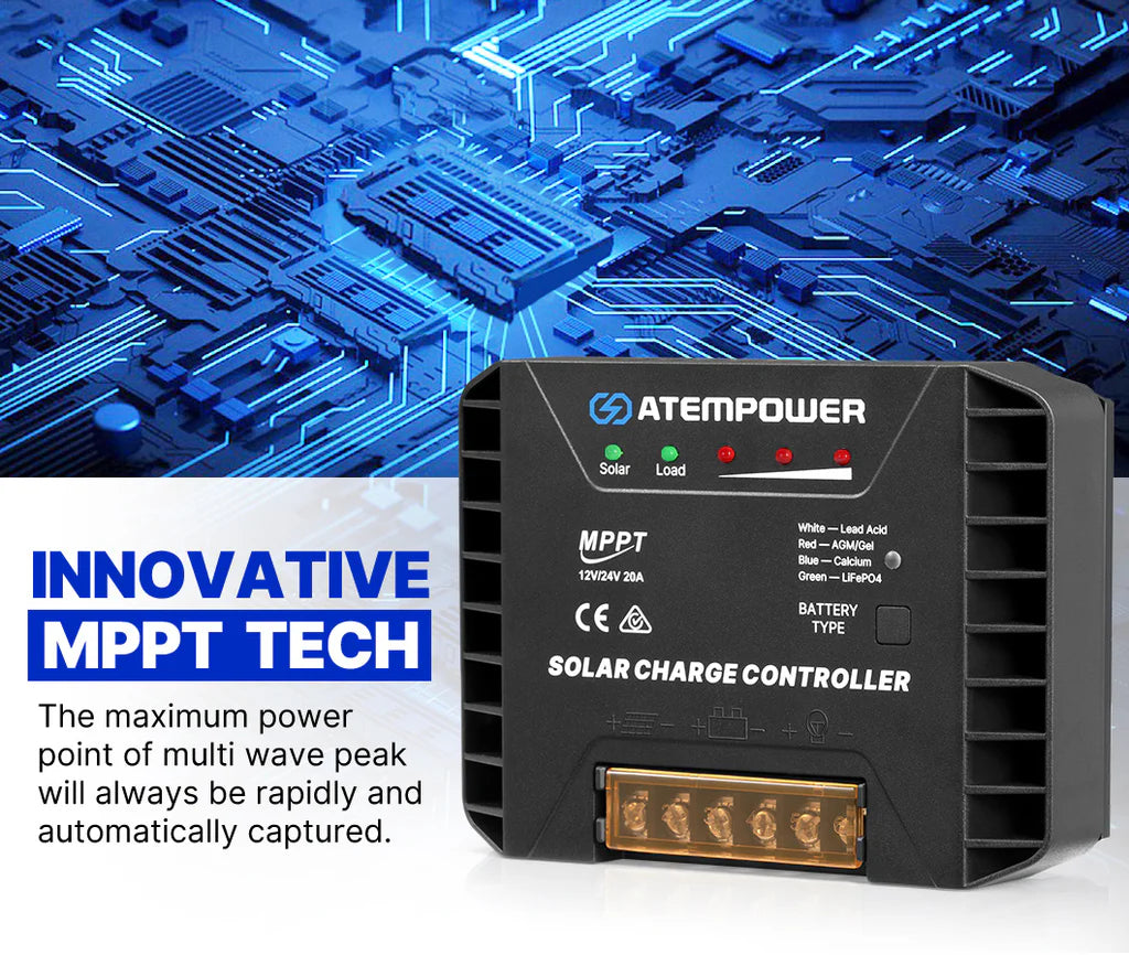 ATEM POWER 20A 12V/24V MPPT Solar Charge Controller Selecting Battery Type Activate Lithium Battery Intelligent Solar Controller Compatible with Lead Acid, AGM, Gel, Calcium and LiFePO4 Battery