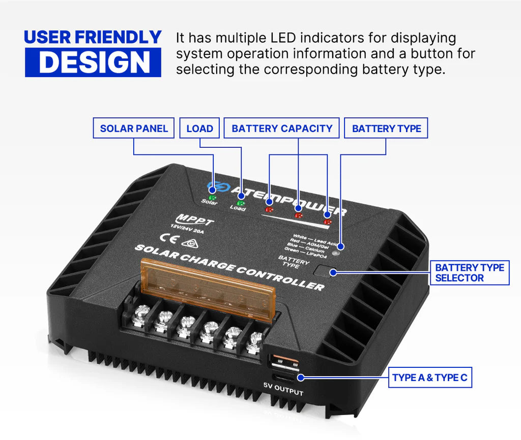 ATEM POWER 20A 12V/24V MPPT Solar Charge Controller Selecting Battery Type Activate Lithium Battery Intelligent Solar Controller Compatible with Lead Acid, AGM, Gel, Calcium and LiFePO4 Battery